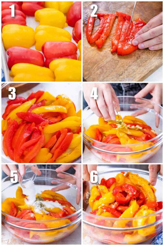 photo collage of steps how to make roasted bell peppers
