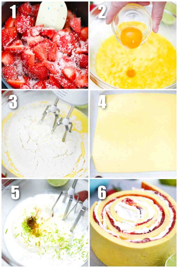 photo collage of steps how to make strawberry lime cake