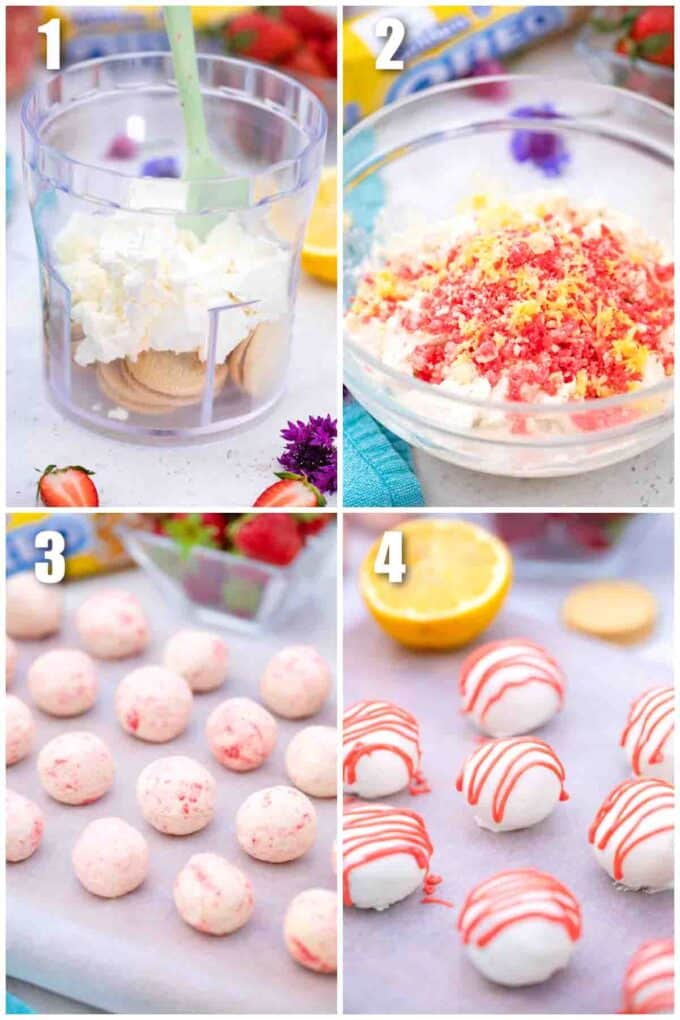 photo collage of steps how to make strawberry shortcake truffles