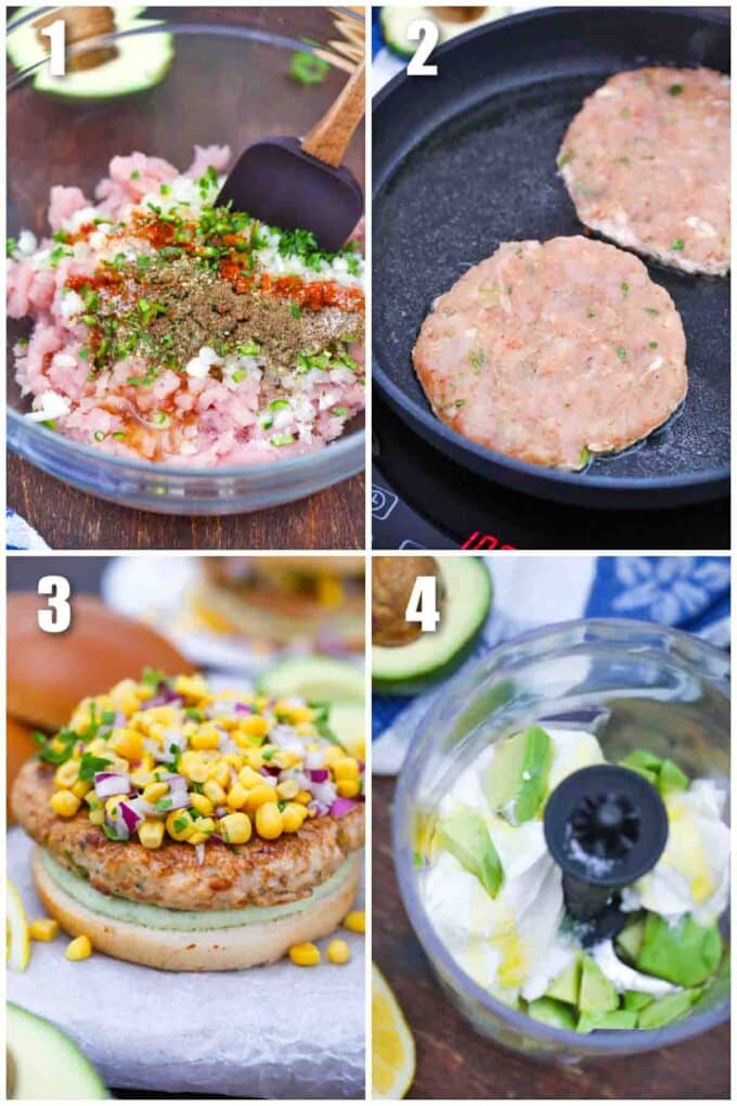 photo collage of steps how to make turkey burgers