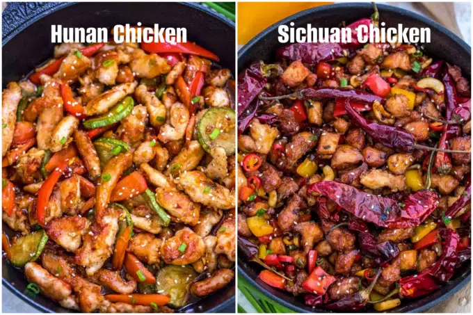collage showing Hunan chicken vs Sichuan chicken