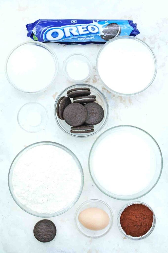 overhead shot of ingredients for oreo pancakes