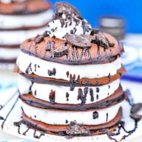 oreo pancakes with thick cream layers in between them