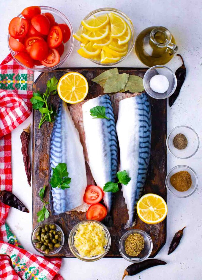 oven-roasted Spanish mackerel ingredients on a board