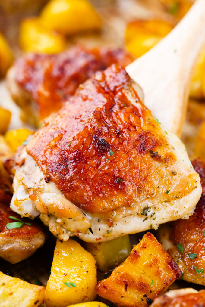 Crispy Ranch chicken and potatoes on a serving spatula.