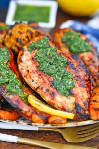 grilled chicken breast topped with chimichurri sauce