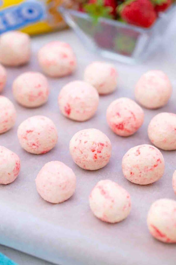 strawberry shortcake truffles before coating them in chocolate