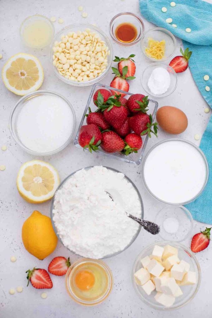 overhead shot of strawberry scones ingredients in bowls on a table