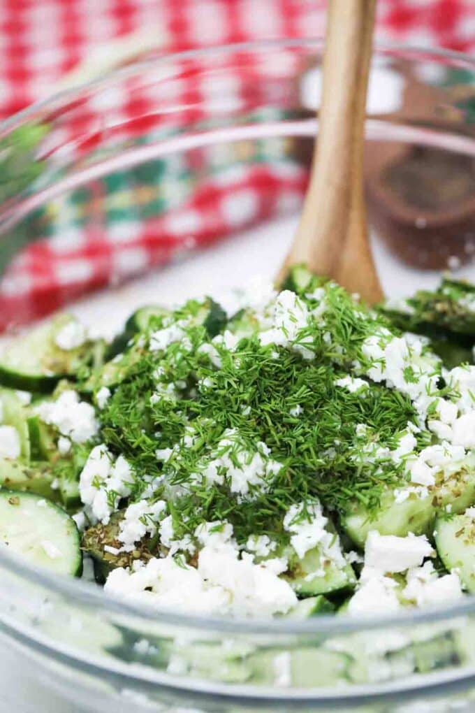 cucumber feta salad ingredients in a bowl