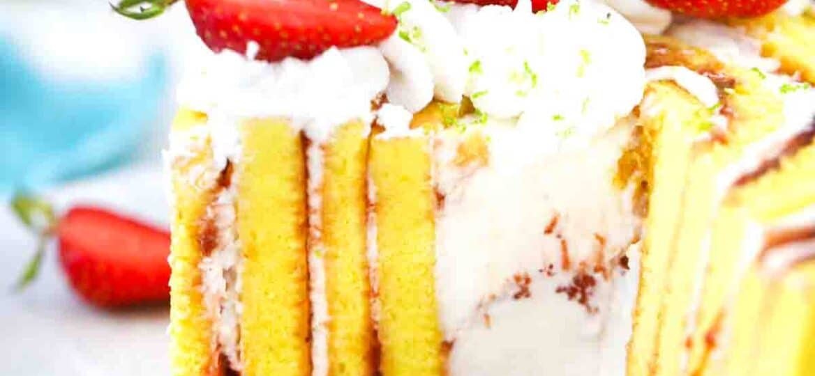sliced strawberry lime cake with vertical layers