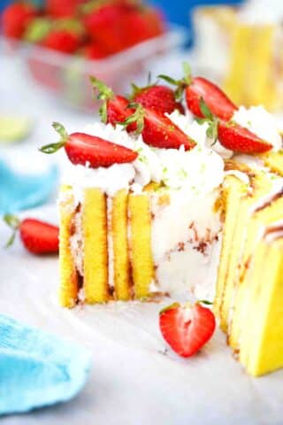 sliced strawberry lime cake with vertical layers