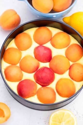 fresh apricots on top of cake batter