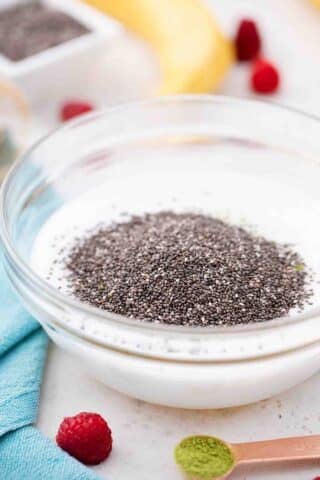 milk and chia seeds in a small bowl