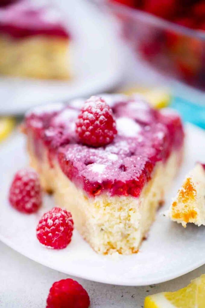 raspberry upside down cake slice frontal shot