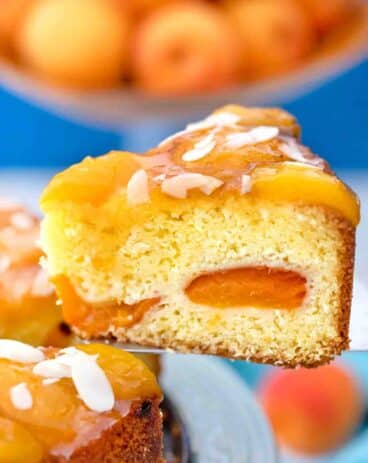 serving a slice of german almond apricot cake with apricots throughout the cake