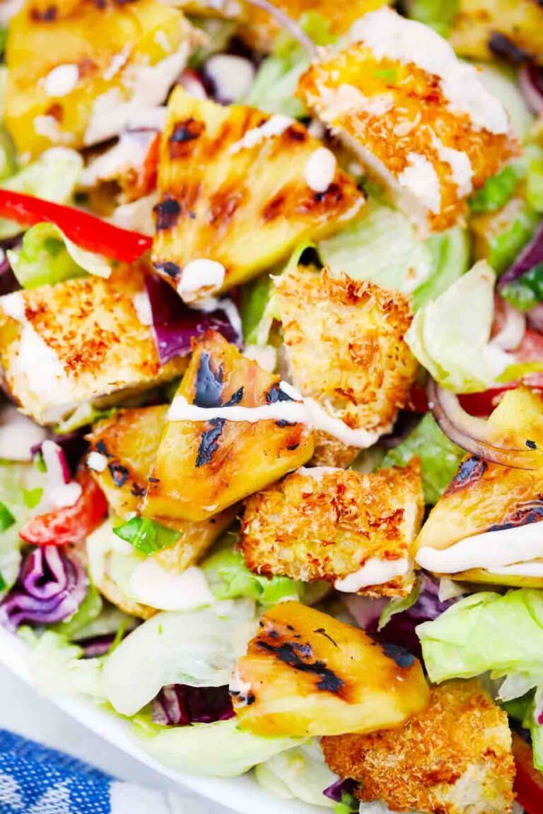 macro shot of pina colada chicken salad