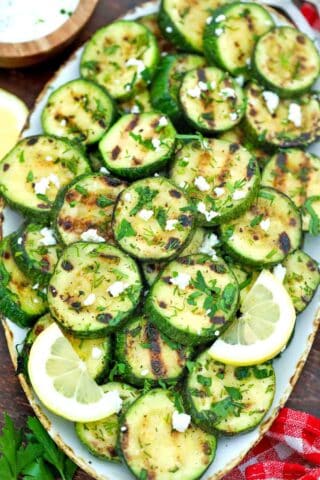 overhead shot of grilled zucchini salad