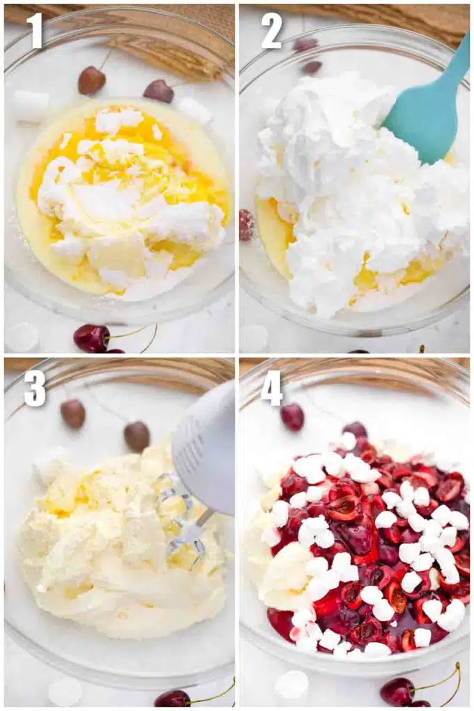 photo collage of steps how to make cherry cheesecake fluff