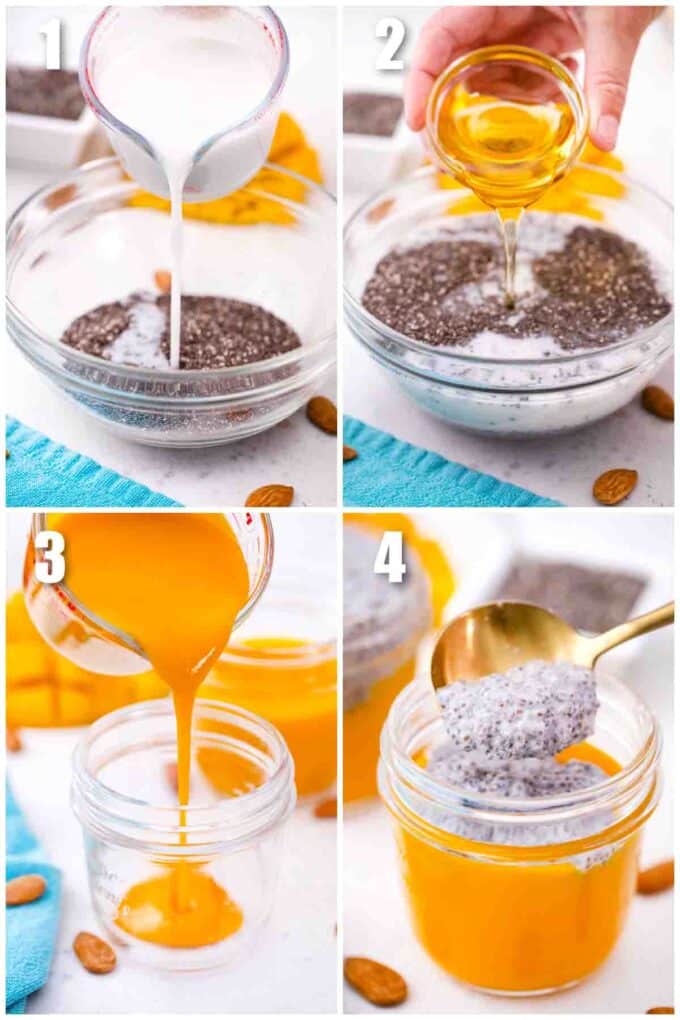 photo collage of how to make mango chia pudding