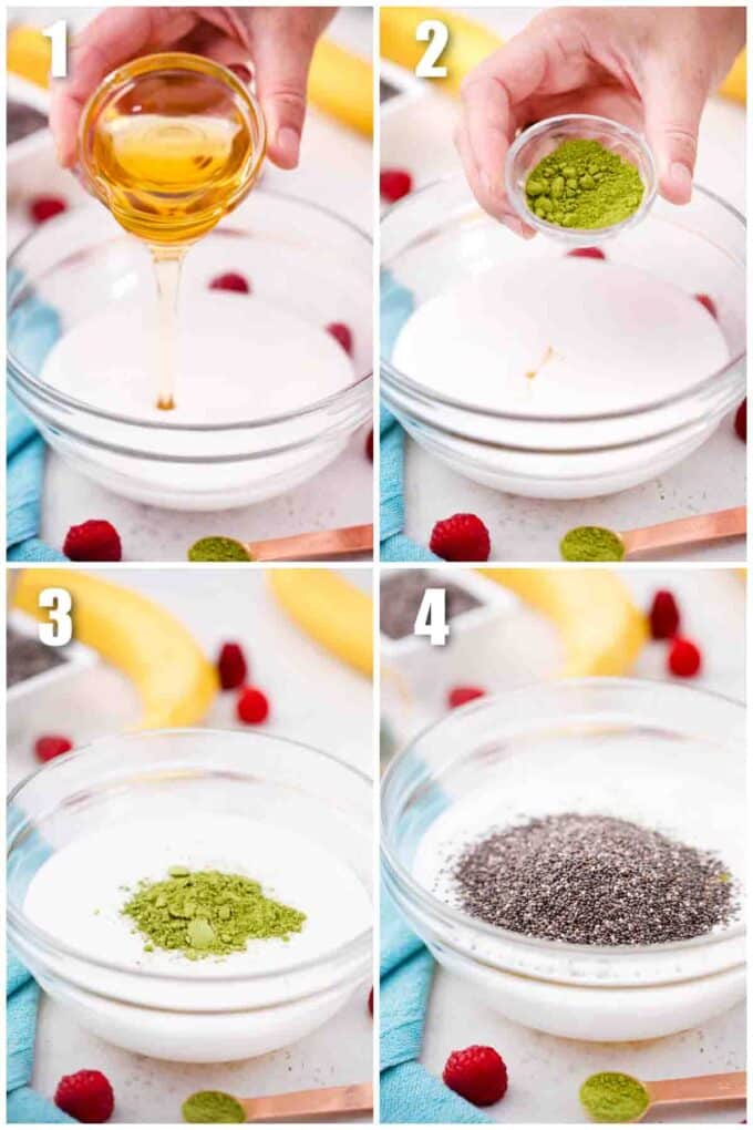 photo collage of steps how to make matcha chia pudding