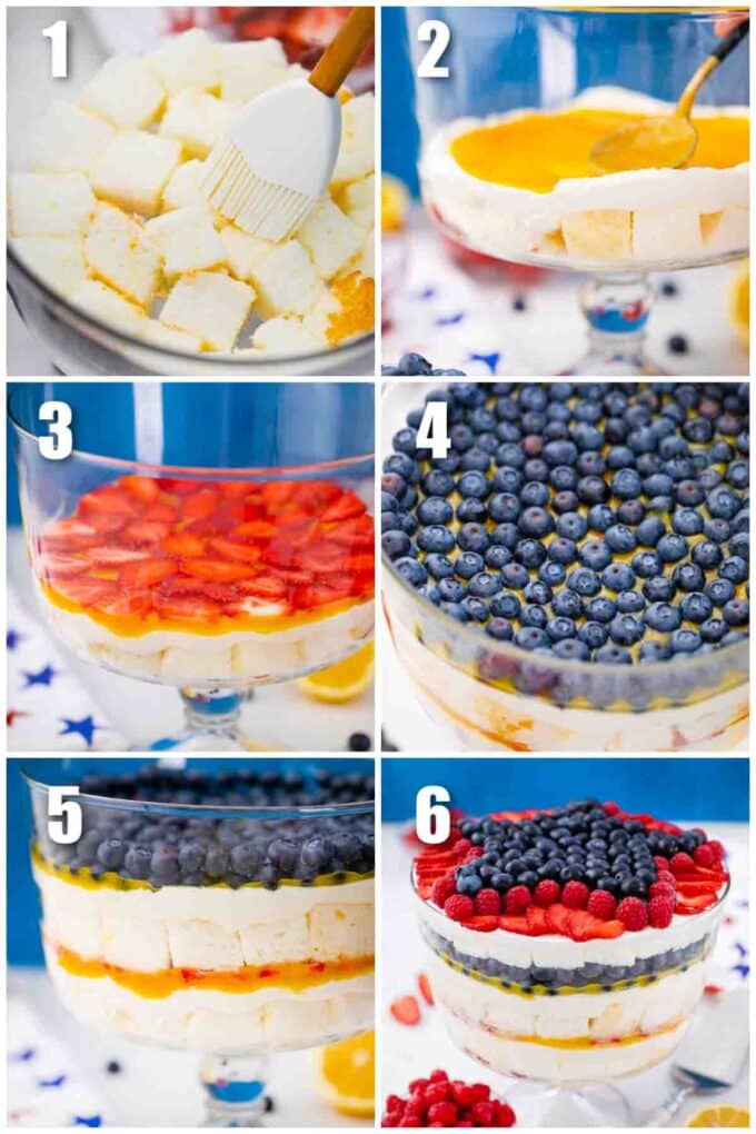photo collage of steps how to make patriotic trifle