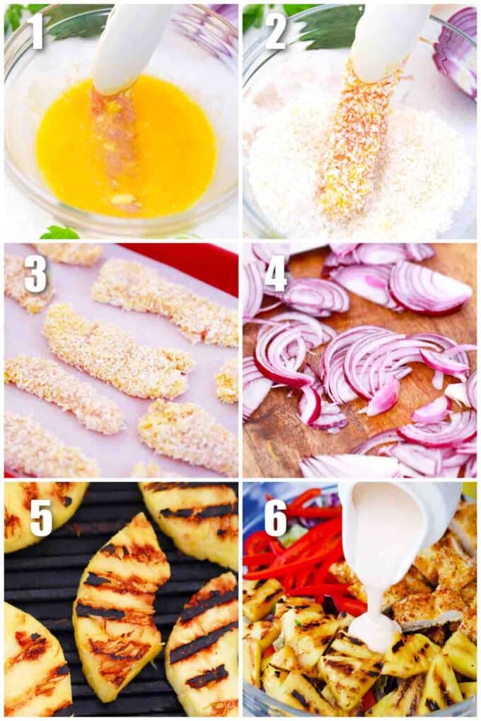 photo collage of steps how to make pina colada chicken salad