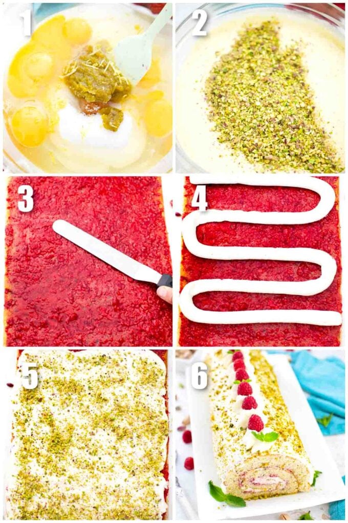 photo collage of steps how to make pistachio raspberry swiss roll