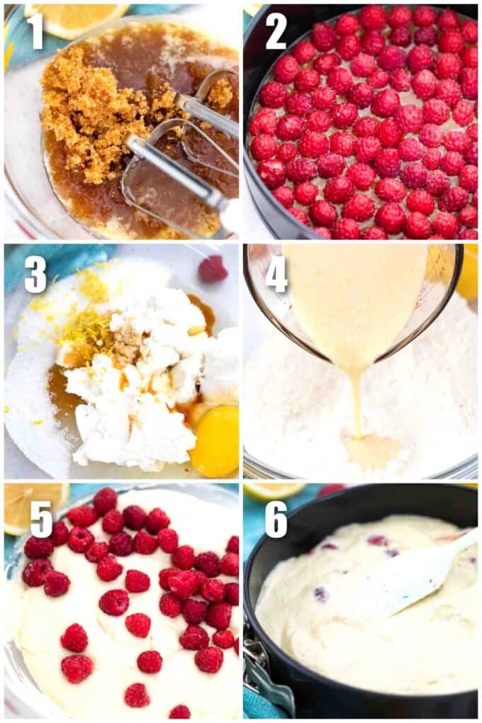 photo collage of steps how to make raspberry upside down cake