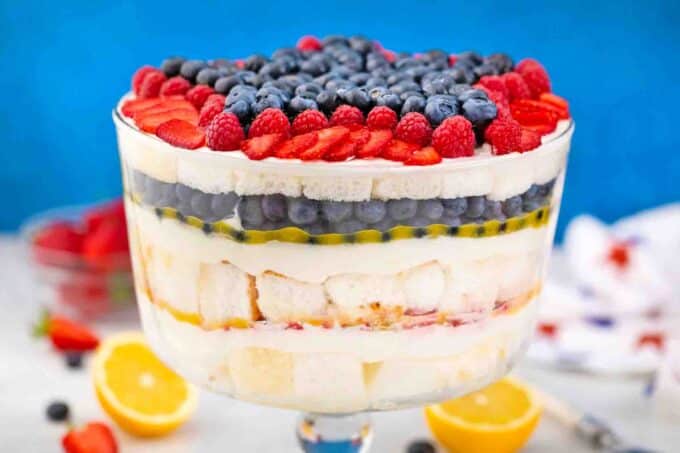 patriotic trifle with blueberries strawberries and raspberries
