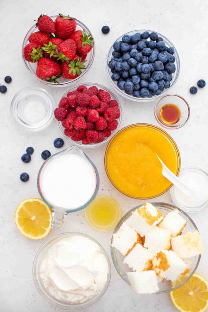 overhead shot of patriotic trifle ingredients in bowls on a table