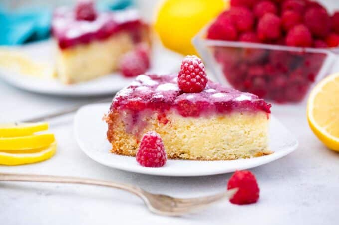 a slice of raspberry upside down cake