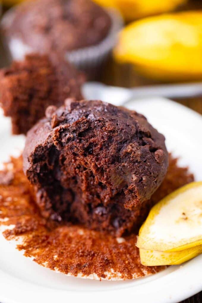 Moist chocolate banana bread muffin.