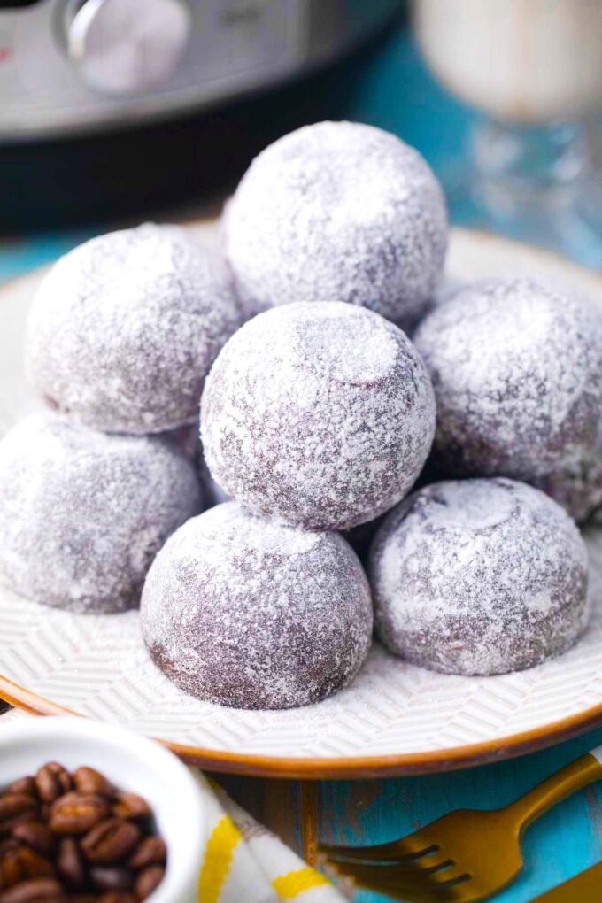 A stack of chocolaty instant pot brownie bites.