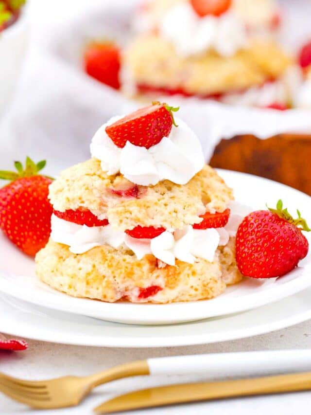 Homemade strawberry shortcakes with whipped cream.