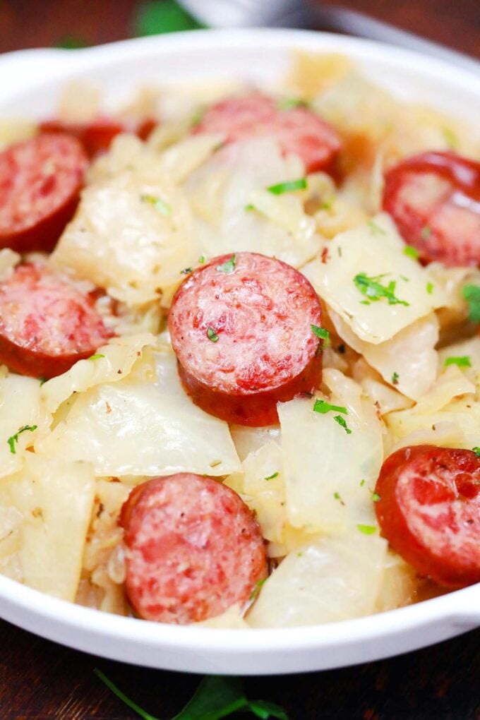 A plate of smoky instant pot cabbage and sausage.