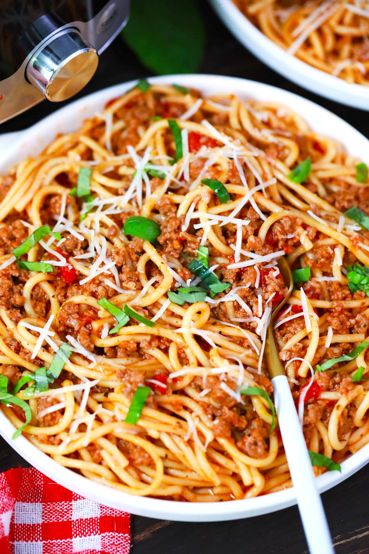 Overhead shot of beefy instant pot spaghetti.