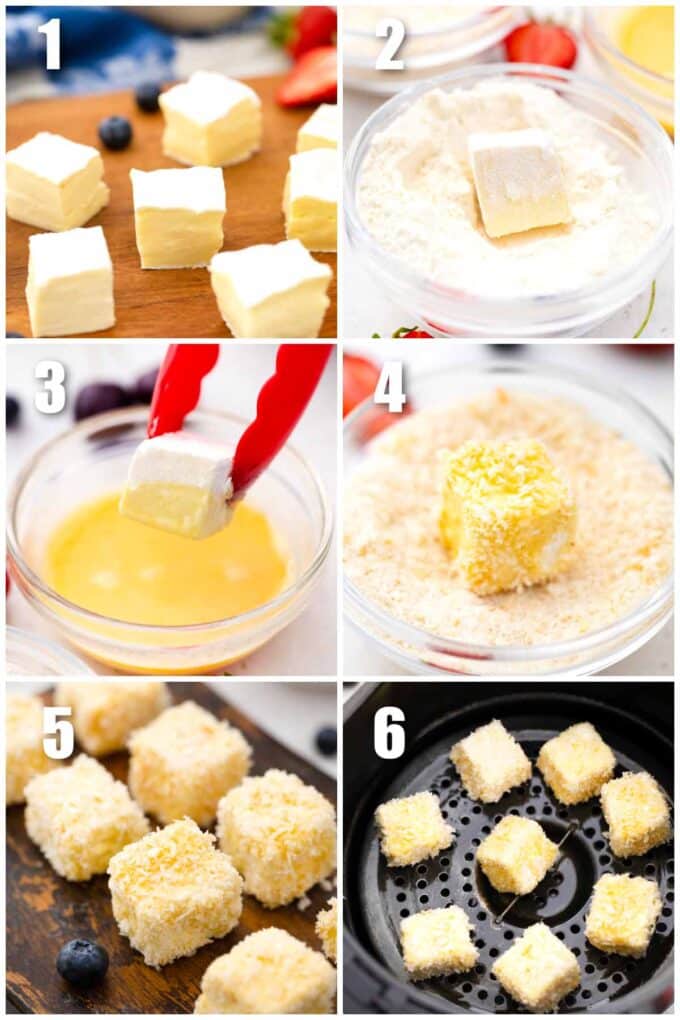 photo collage of six photos showing how to make air fried brie