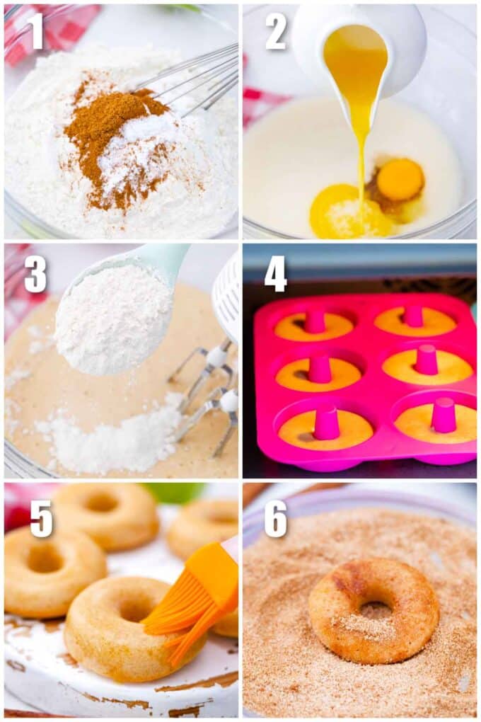 collage of 6 photos showing how to make apple cider donuts