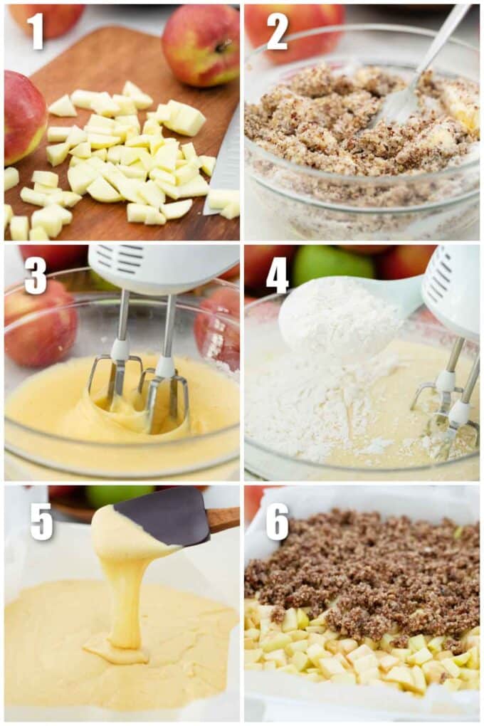 photo collage of 6 photos showing how to make apple sheet cake