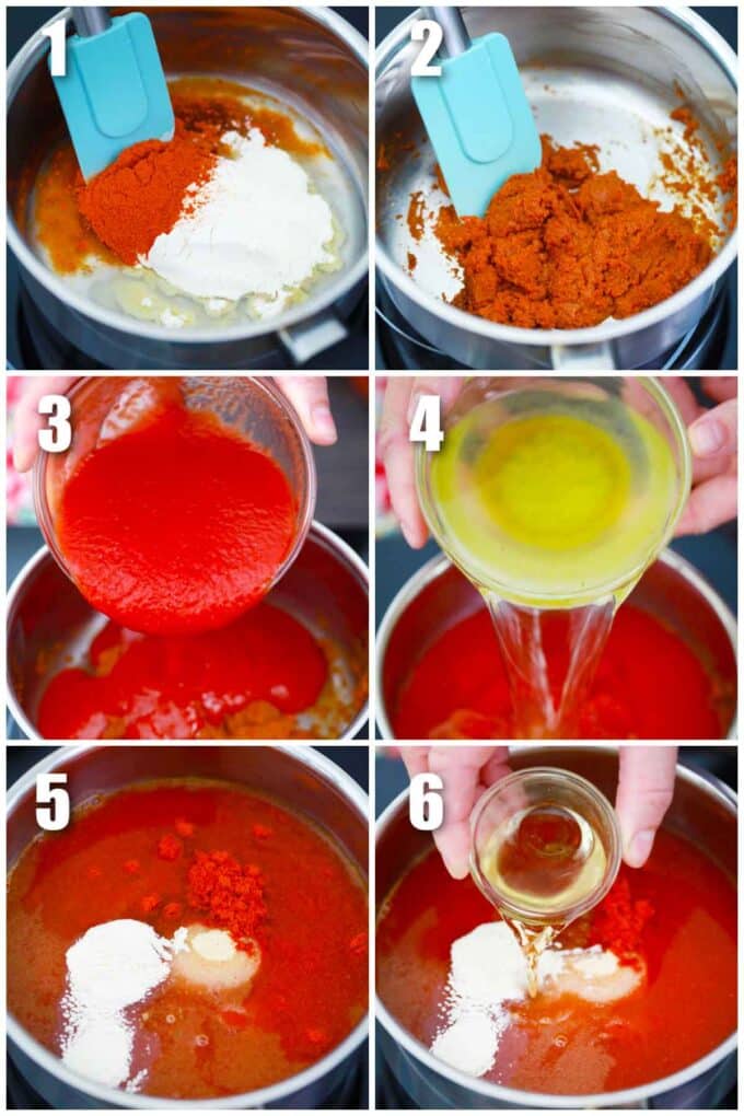 collage of six photos showing how to make enchilada sauce