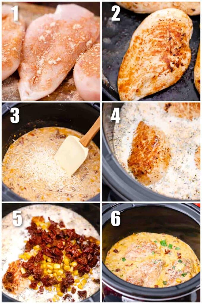 collage of 6 photos showing steps how to make marry me chicken