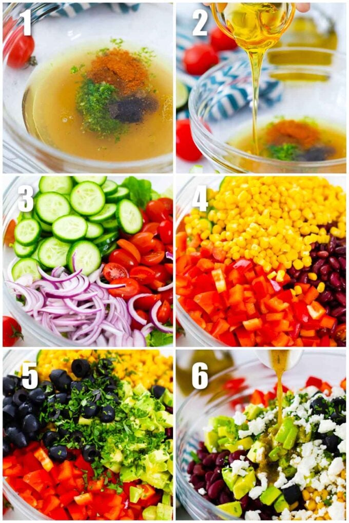 collage of six photos showing how to make mexican salad