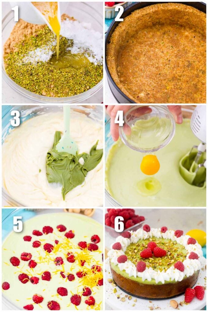 collage of 6 photos showing how to make pistachio cheesecake