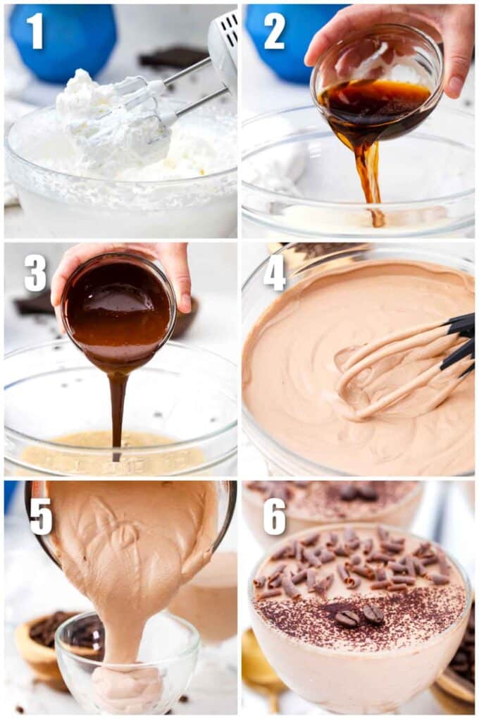 collage of six photos of how to make protein coffee mousse