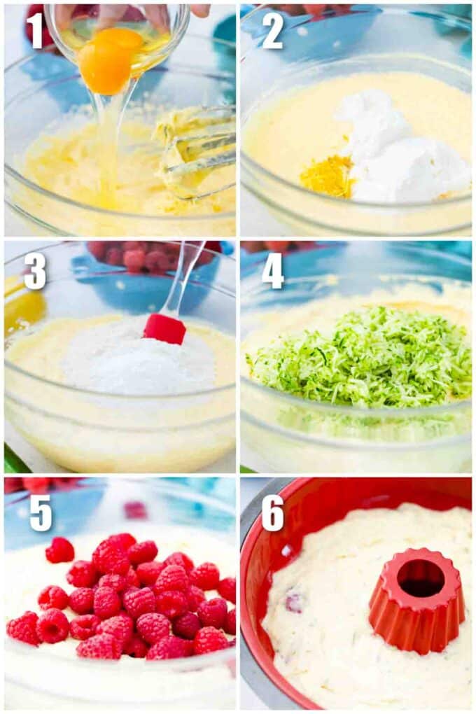 photo collage of steps how to make raspberry zucchini cake