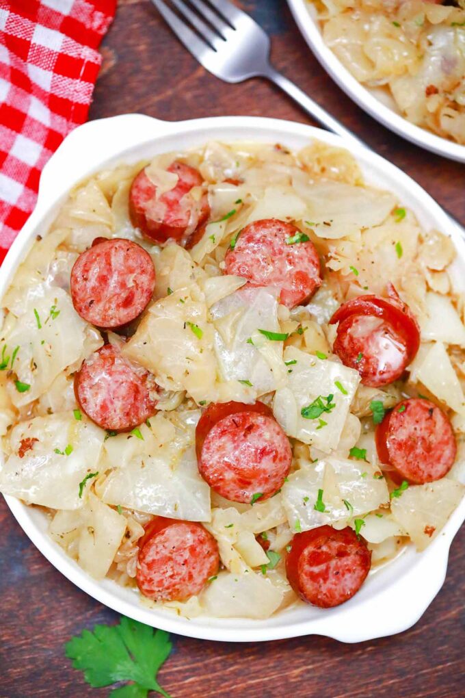 Overhead shot of perfectly browned instant pot cabbage and sausage.