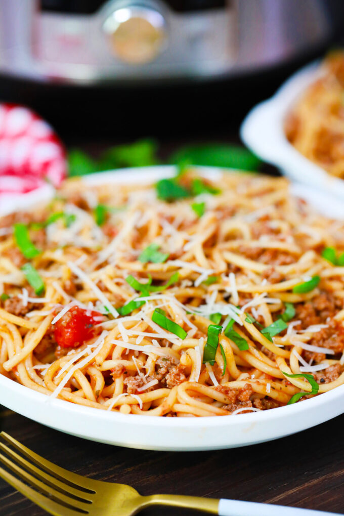 Instant pot spaghetti with meat sauce.