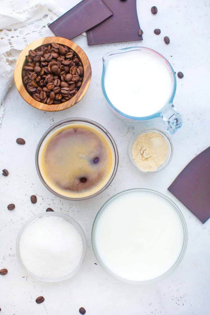 overhead shot of protein coffee mousse in bowls on a table