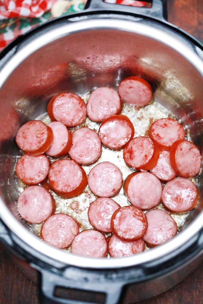Searing sliced Polish sausage in the instant pot.