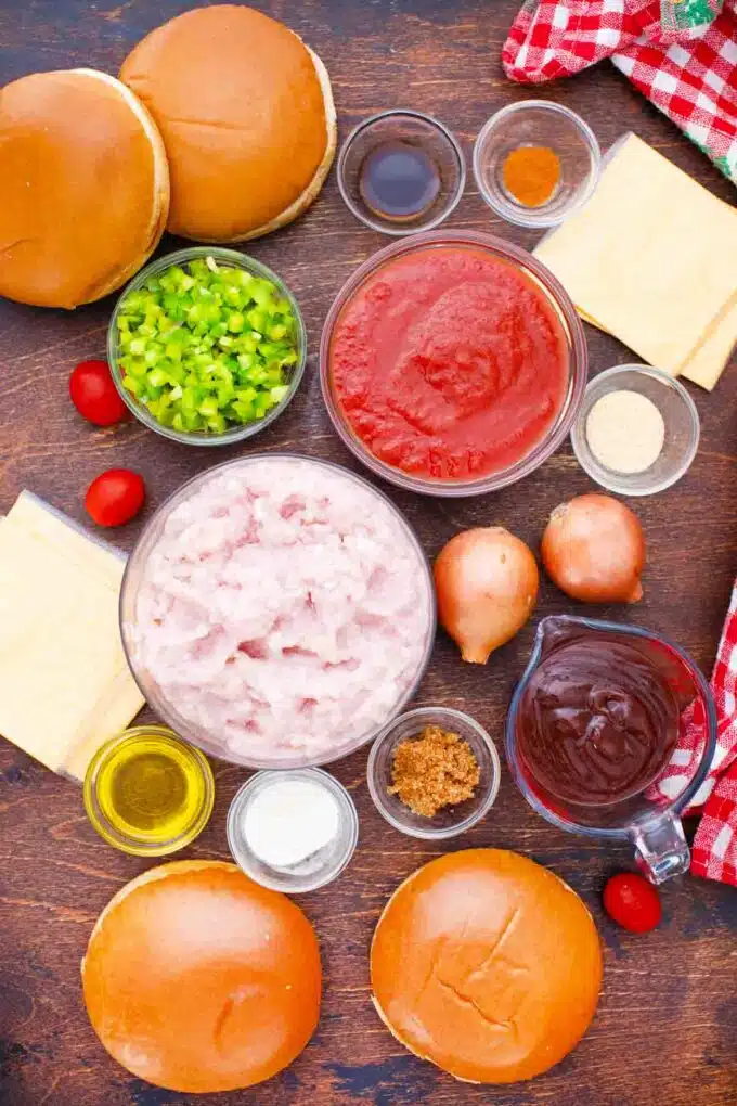 overhead shot of bbq turkey sloppy joes ingredients in bowls on a table